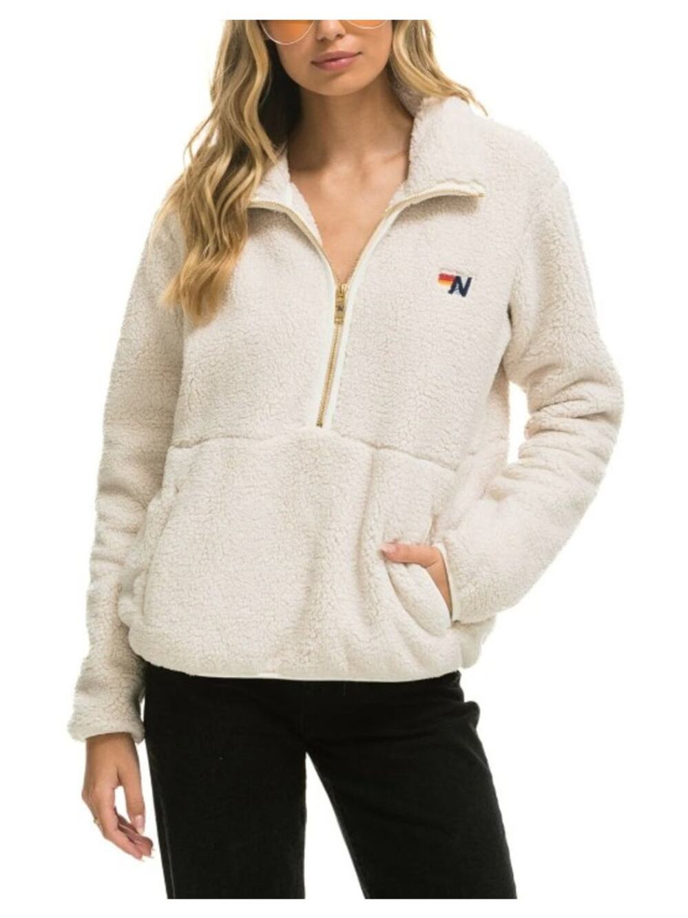 Aviator Nation Cozy Cream Teddy Half Zip Pullover Size XXL